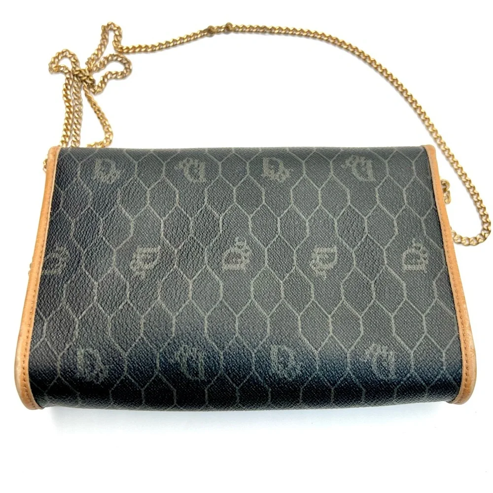 Dior Honeycomb Coated Canvas Chain Shoulder Bag in Black with Tan Leather Trim